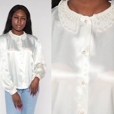 White Satin Blouse 90s Puff Sleeve Top Shiny Pearl Button up Shirt Beaded Crochet Collar Collared Retro Secretary Vintage 1990s Medium M 
