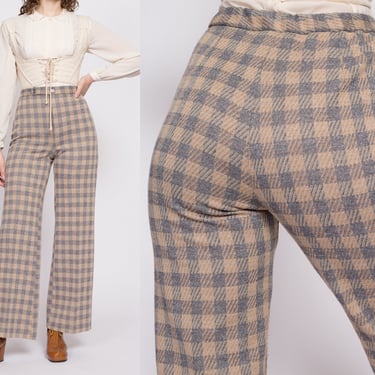 70s Plaid High Waisted Pants - Small to Medium | Vintage Elastic Waist Casual Straight Leg Polyester Disco Trousers 