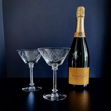 Pair of Cut Crystal, Champagne Coupe, Toasting or Martini Cocktail Glasses - Art Deco, Hand Cut Etched, Wedding or Anniversary, New Year's 