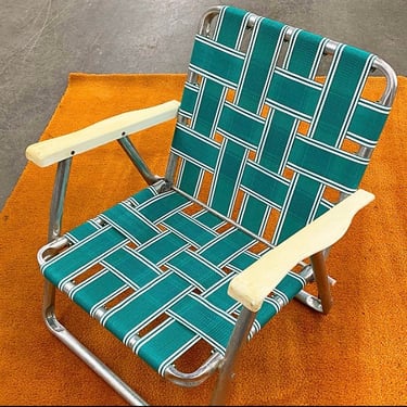 Vintage Beach Chair Retro 1980s Silver Aluminum Frame + Teal and White + Webbed + Lawn + Outdoor Seating + Folds + Lightweight + Summertime 