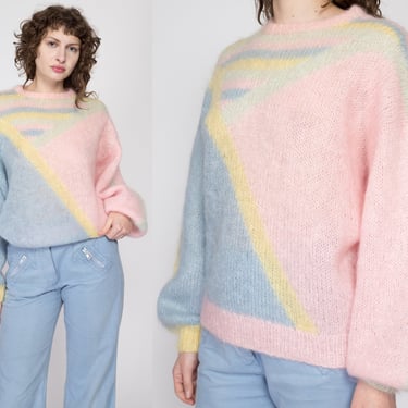 Medium 80s Pastel Color Block Mohair Knit Sweater | Vintage Fuzzy Balloon Sleeve Oversized Pullover Jumper 