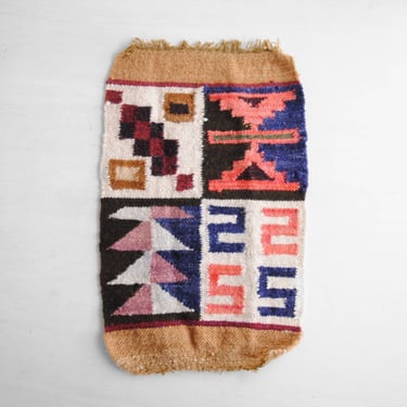 Vintage Small Weaving from Ecuador, Handmade Geometric Wool Wall Hanging Textile in Pink, White, and Brown 
