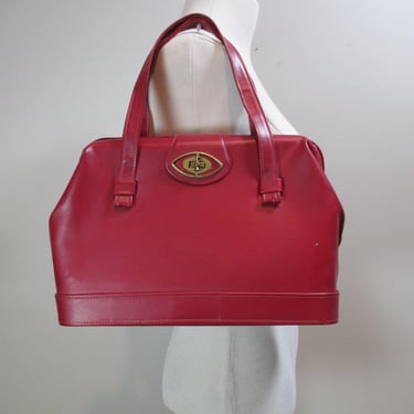 1960s Red Vinyl Purse Leatherette Satchel Mid Century Top Handle Bag Vintage Handbag Leather-Like Pocketbook Fold Over Flap Turn-Lock Bag 