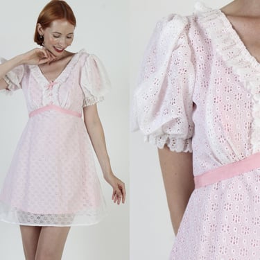 70s Romantic Prairie Dress, Pink Floral All Over Eyelet Lace, Simple Barbiecore Party Mini, High Waisted Short Frock 