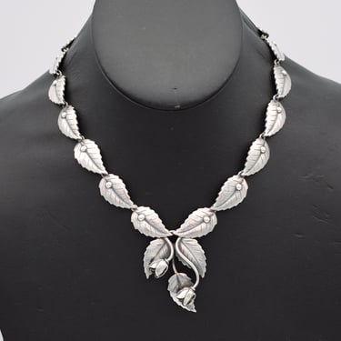 50's John Lauritzen 925 silver roses & leaves affixed pendant, Modernist Denmark sterling choker necklace 