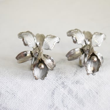 1940s/50s Silver Orchid Screw Back Earrings 