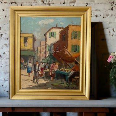 13 X 15" Vintage oil painting on canvas. European street scene with people. Impressionist OOAK original fine art in gold leaf frame. 