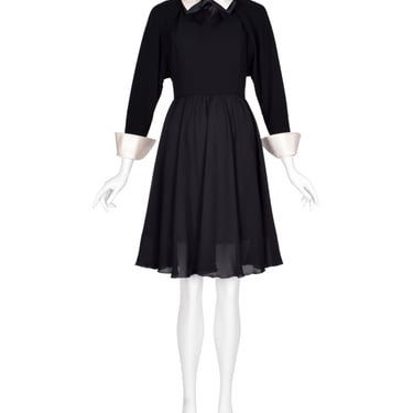 Chanel Vintage AW 1991 Black Wool and Silk Dress with Ivory Silk Collar and Cuffs