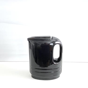 Vintage 1940s Art Deco Hall China Company Black Ceramic Pottery Pitcher with Lid Model # 5085 