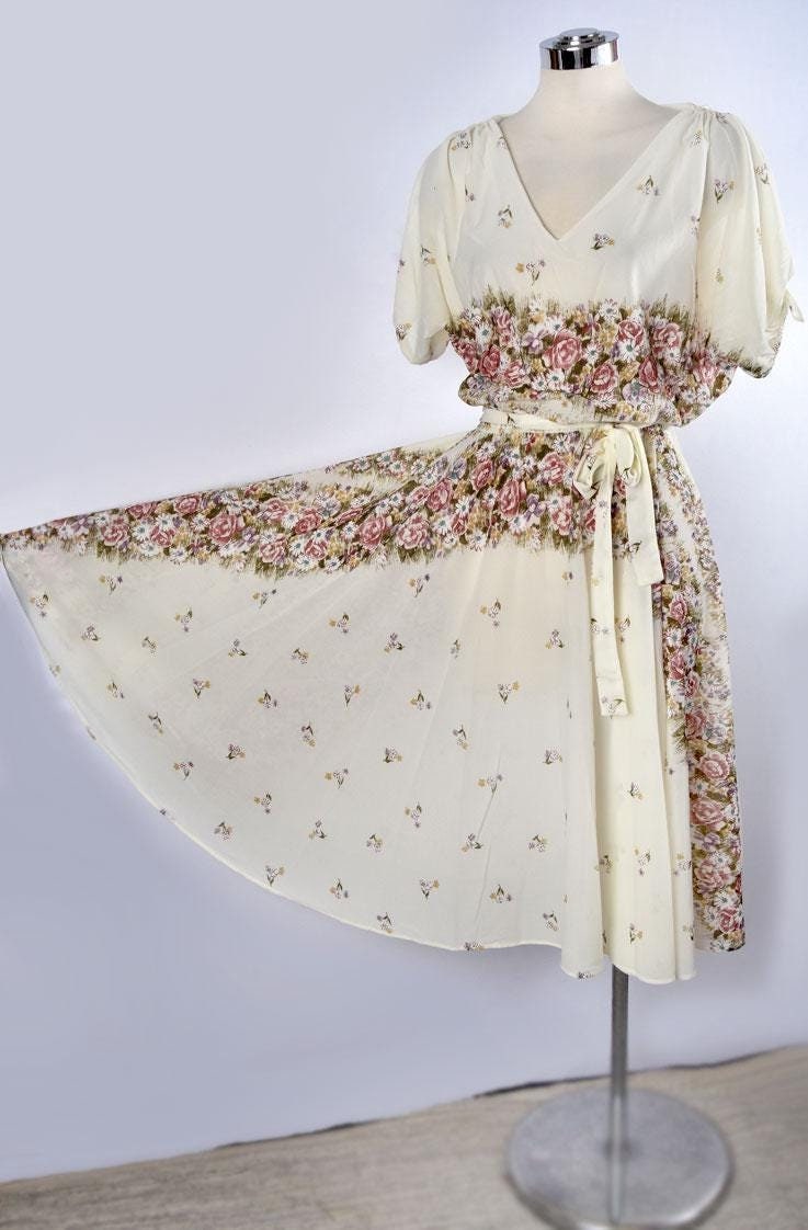1970's Ivory Floral Semi Sheer Disco Hippie Dress | Boutique 369