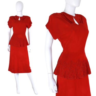 1940s Red Rayon Peplum Dress - 1940s Red Cocktail Dress - 1940s Rayon Dress - 1940s Peplum Dress - Valentines Day Dress | Size XS / Small 