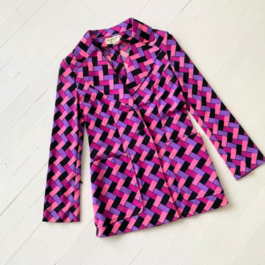 1970s Hanae Mori Purple + Black Geometric Print Blazer 