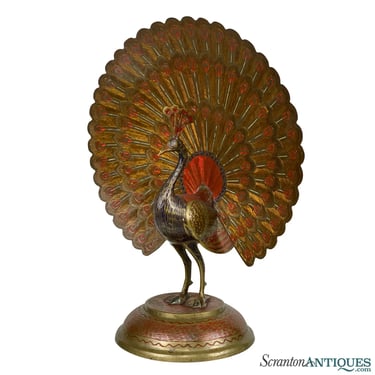 Vintage Traditional India Brass & Enamel Etched Figural Peacock Sculpture