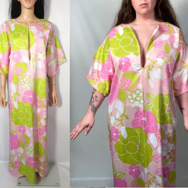 Vintage 70s Tropical Psychedelic Print Muumuu Maxi Dress Size Up To XL 