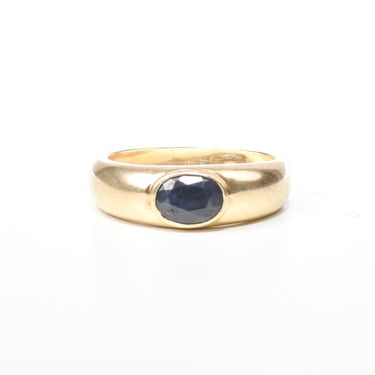 14K Italian Gold "Ellipse" Cut Sapphire Ring, Vintage Gold Band Solitaire Sapphire Ring, Size 8 1/4 scant 