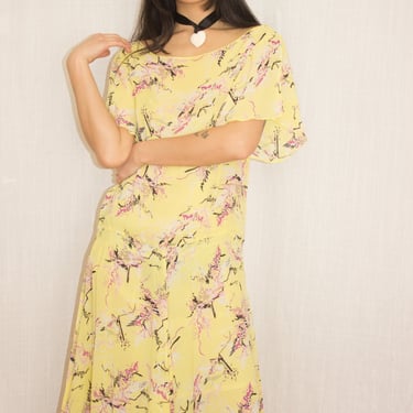1980s Yellow Painterly Print Georgette Dress 