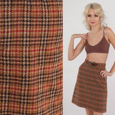Plaid Wool Skirt 70s Mini Skirt High Waisted A-Line Belted Preppy Secretary Academia Brown Yellow Red Checkered Houndstooth Vintage 1970s XS 