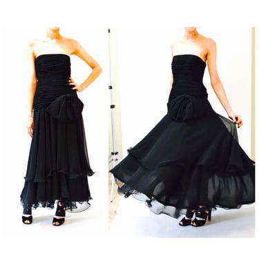 80s 90s Black Strapless Dress Evening Gown Size Small Medium// Black Strapless Gown Long Black Dress Small Medium By Julie Duroche Ruffles 