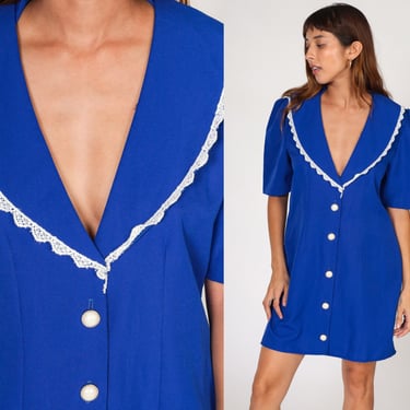 Blue Mini Dress 80s Button up Dress Puff Sleeve Lace Trim Oversized Collar Retro Deep V Neck Preppy Secretary Vintage 1980s Medium Large 