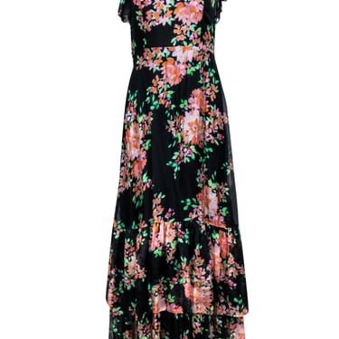 Shoshanna - Black &amp; Multi Color Floral Ruffled Cap Sleeve Formal Dress Sz 2