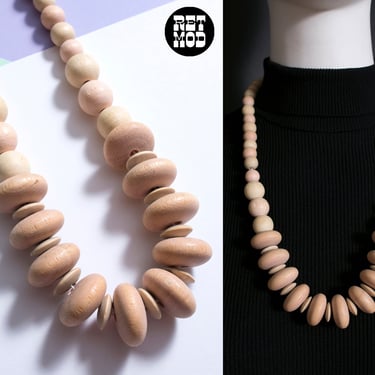 Fashionable Vintage 80s Natural Pastel Wood Beaded Chunky Statement Necklace 