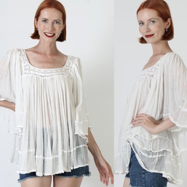 White Gauze Cotton Blouse / Lightweight Thin Kimono Sleeves / Crochet Lace Angel Wing Top / Sheer Beach Cover Up 