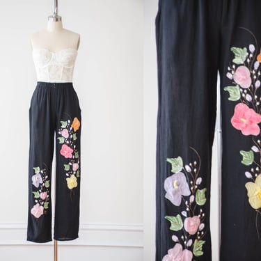 high waisted pants | 80s 90s vintage Ana Rosa Mexico hand painted floral cottagecore black cotton pants 