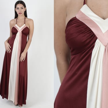 70s Sexy Disco Lounge Party Dress, Sweeping Halter Grecian Goddess Outfit, Vintage 1970's Studio 54 Cocktail Long Gown 
