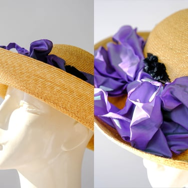 Vintage 90s Annabel Ingall Natural Straw Derby Straw Sun Hat w/ Violet Iridescent Ribbon | Made in Australia | 1990s Designer Boho Sun Hat 