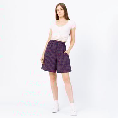 Vintage 90s School House Motif Plaid Cotton Lounge Shorts - Small, 23