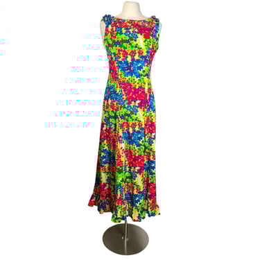 Vintage Andrade Honolulu Hawaii Hawaiian Made Neon Bright Pink Floral Ruffle Long Dress Size 12 