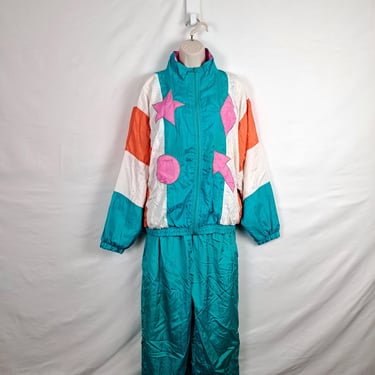 Vintage 80s Pink, Orange, White & Blue Windbreaker Tracksuit 