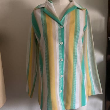 Vintage 70s Bold Pointelle Open Knit Vertical Striped Cardigan; 70s Fall Striped Bright Yellow and Green Novelty Blouse with Dagger Collar L 