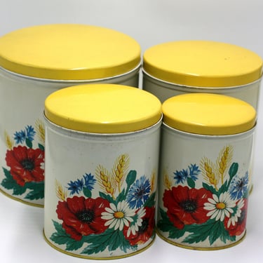 vintage metal kitchen canisters set of four yellow floral 