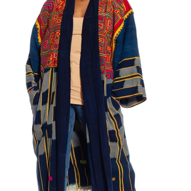 MORPHEW COLLECTION Navy Blue, Red & Orange African Cotton Indigo Duster With Central American Hand Appliqué Work 