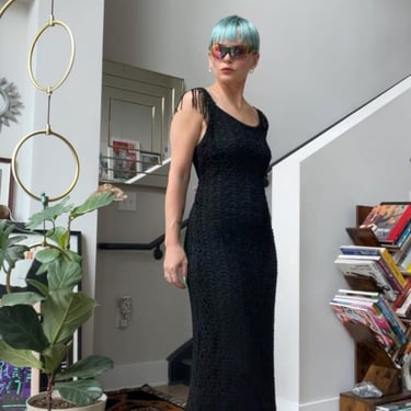 VTG SAM Black Crochet Fringe Dress 
