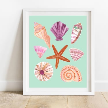 Aqua and Peach Seashell 8 X 10 Art Print/ Ocean Sea Life Illustration/ Tropical Beach House Decor/ Unique Summer Wall Art 