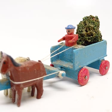 Antique German Erzgebirge Wagon Cart with Driver, Christmas Tree & Horse,  Vintage Toy Christmas Putz 