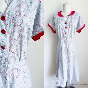 Vintage 1950s Doily Lace Print Cotton Dress / L-XL 