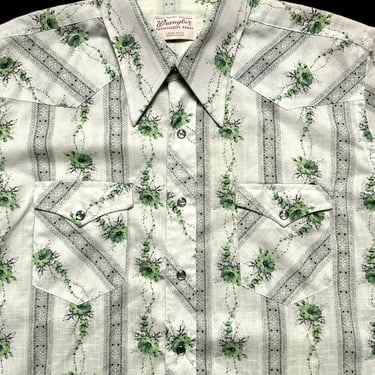 Vintage 1970s WRANGLER Floral Print Western Shirt ~ XL ~ Cowboy ~ Rockabilly ~ Pearl Snap Button ~ Spearpoint / Dagger Collar 