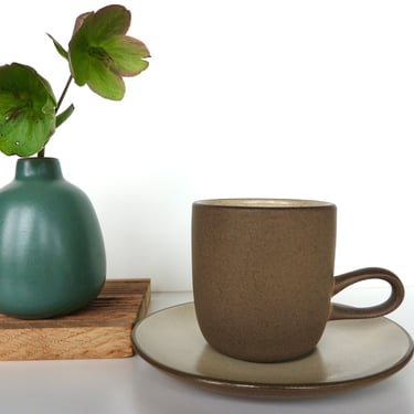 Vintage Heath Ceramics Studio Mug And Saucer in Sandalwood, Edith Heath Low Handle Coffee Cup, Modernist Ceramics From Saulsalito 
