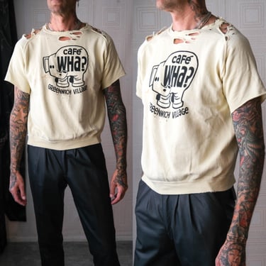 Vintage 60s CAFE WHA? Greenwich Village NYC Pale Yellow Destroyed Raglan Crewneck Sweatshirt | Bob Dylan | 1960s Collectible Archival Crew 