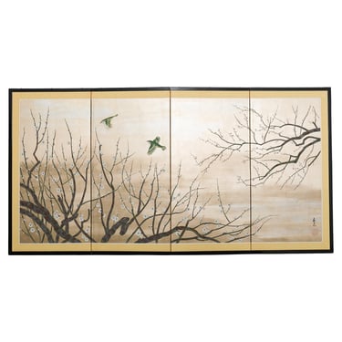 Japanese Showa Four Panel Screen Prunus with Songbirds