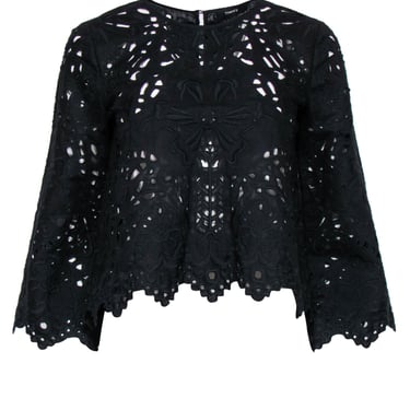 Theory - Black Eyelet & Floral Embroidered Long Sleeve Scalloped Top Sz S