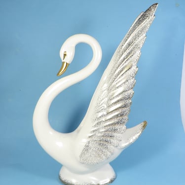 Vintage White and Gold Ceramic Swan Planter - White Swan Figure 