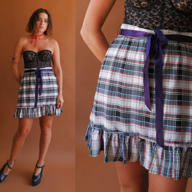 Vintage 80s Plaid Taffeta Mini Skirt/ 1980s Holiday Ruffle Short Skirt/ Size 28 Medium 