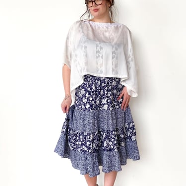 Y2K Blue and White Floral Tiered Skirt sz. L-3XL