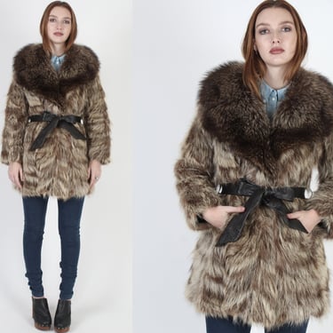 Raccoon Real Fur Trench Coat, Large Shawl Shaggy Collar, Vintage 70s Mod Leather Belted Tie Coat 