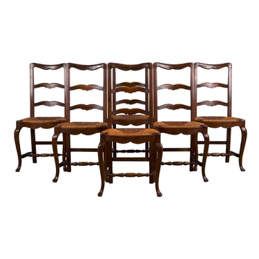 Antique Country French Provincial Ladder Back Oak Dining Chairs W/ Rush Seats - Set of 6 