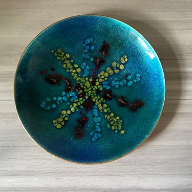 Vintage Mid-Century Modern enamel on copper dish, atomic age enamel on copper, Vintage Bovano Enameled Decorative Plate 